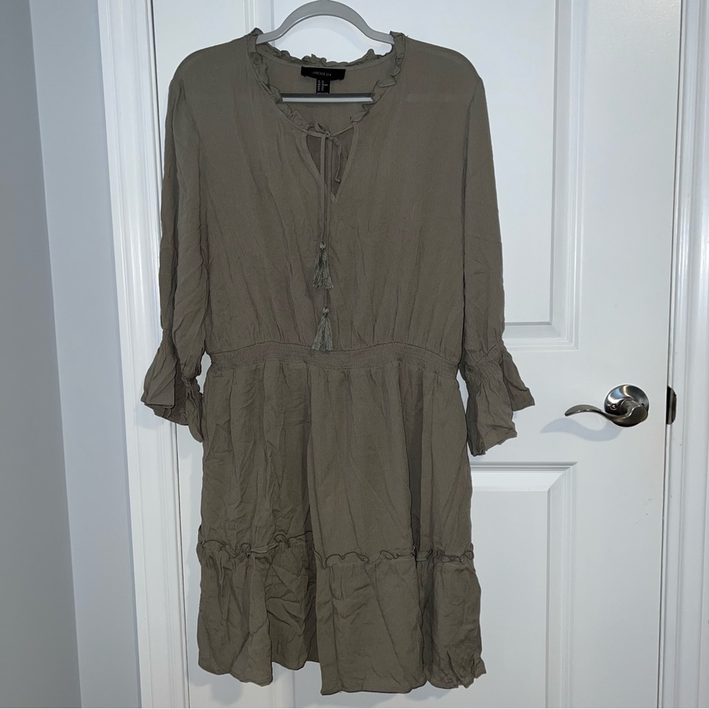 Forever 21 Olive-Taupe Ruffle Tie Neck Blouse
